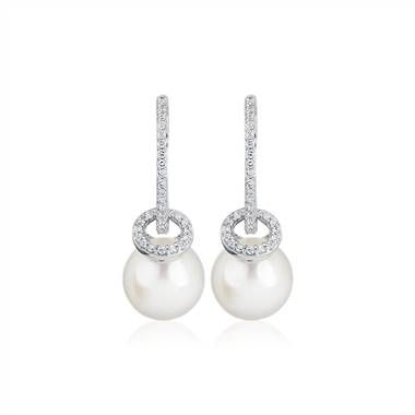 White Freshwater Pearl and Diamond Drop Earrings in 14k White Gold (8.5-9 mm)