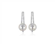 White Freshwater Pearl and Diamond Hoop Earrings In 14k White Gold (8-8.5mm) | Blue Nile