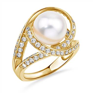 White Freshwater Pearl and White Topaz Orbit Ring in Vermeil