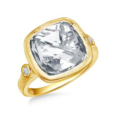 White Topaz Cushion Cut Gemstone and Diamond Bezel Ring in 14K Yellow Gold (12mm)