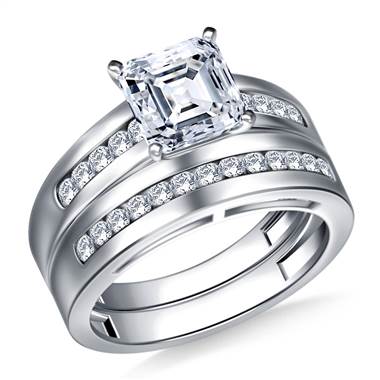 Wide Channel Set Round Diamond Ring with Matching Band in 18K White Gold (1/2 cttw.)
