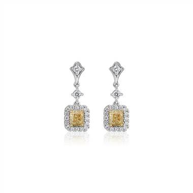 Yellow Cushion-Cut Diamond Halo Drop Earrings in 18k White and Yellow Gold (1 5/8 ct. tw.)