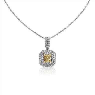 Yellow Cushion-Cut Diamond Halo Pendant in 18k White and Yellow Gold (1 1/3 ct. tw.)