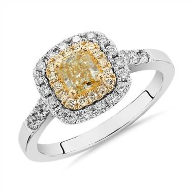 "Yellow Cushion-Cut Diamond Halo Ring in 18k White and Yellow Gold (1 ct. tw.)"