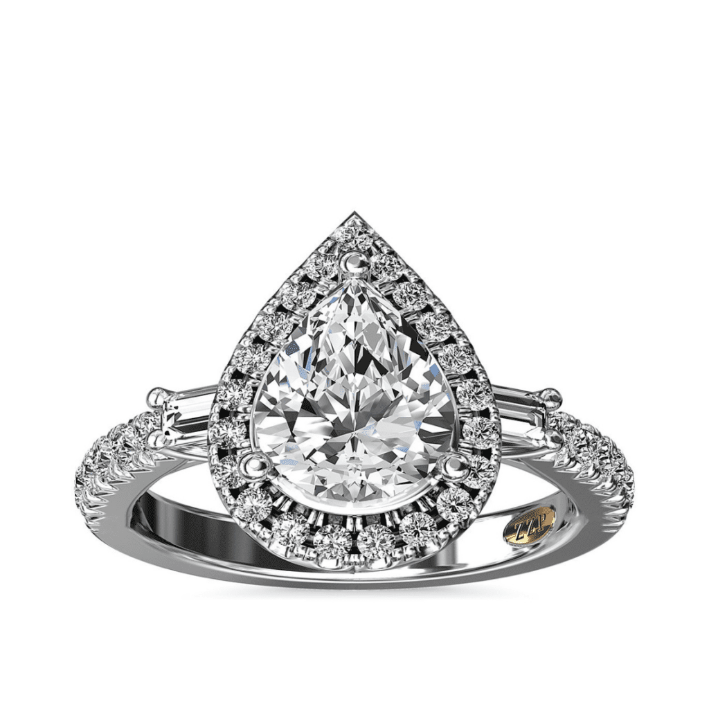 ZAC Zac Posen Pear Vintage Baguette Halo Diamond Engagement Ring in 14k White Gold