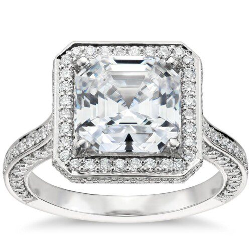 Asscher cut royal halo diamond engagement ring set in platinum
