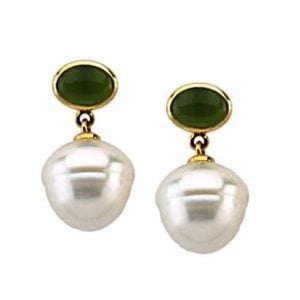 Mix two trends in one by wearing these south sea cultured pearl and genuine jade earrings set in 14K yellow gold at B2C Jewels 