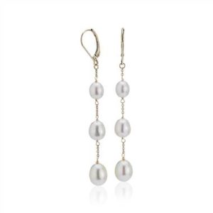 Freshwater cultured pearl line drop earrings set in 14K yellow gold at Blue Nile 