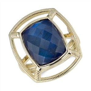 Frances Gadbois laboradorite and lapis doublet strie cocktail ring set in 14K yellow gold at Blue Nile 