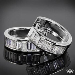 Channel set baguette diamond hoop earrings set in 18K white gold at Whiteflash 