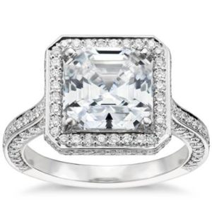 Asscher cut royal Halo diamond engagement ring set in platinum at Blue Nile 