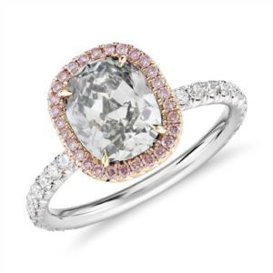 Fancy light grey-green cushion-cut halo diamond ring set in platinum an 18K rose gold at Blue Nile 