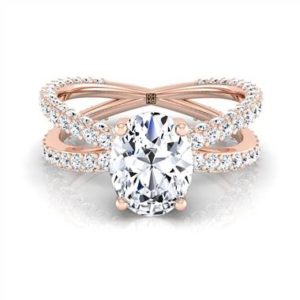  Oval diamond engagement ring with crossover pave shank set in 14K rose gold at RockHer 