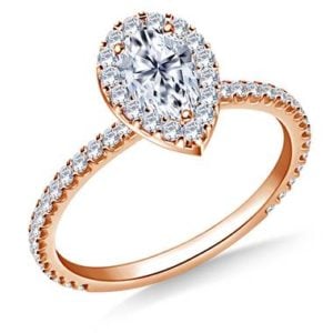 Pear shaped diamond halo engagement ring set in 14K rose gold at B2C Jewels 