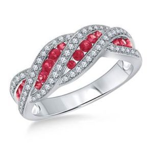 Ruby and diamond halo multi gemstone set in 14K white gold at B2C Jewels 