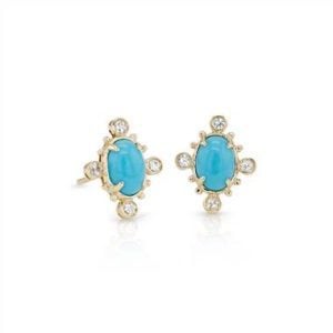 Sunburst turquoise and white sapphire earrings set in 14K yellow gold at Blue Nile 