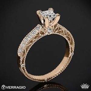 Verragio scrolled pave diamond engagement ring set in 20K rose gold at Whiteflash 