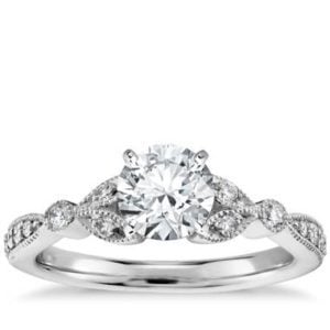 Petite vintage pave leaf diamond engagement ring set in 14K white gold at Blue Nile 