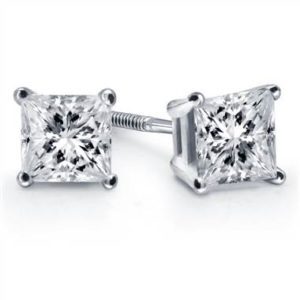 Soulmate Pairing: Prong set princess diamond stud earrings set in 18K white gold at B2C Jewels 