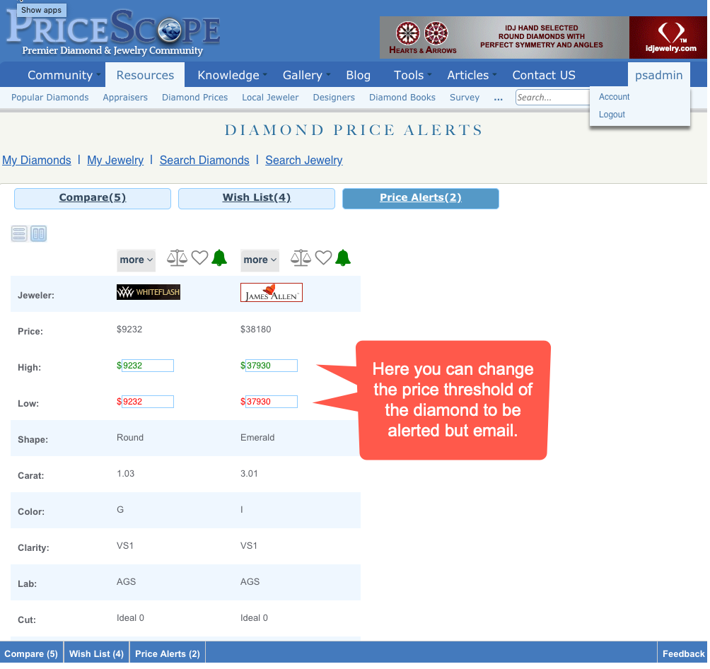 Diamond Search - Price alerts threshold configuration
