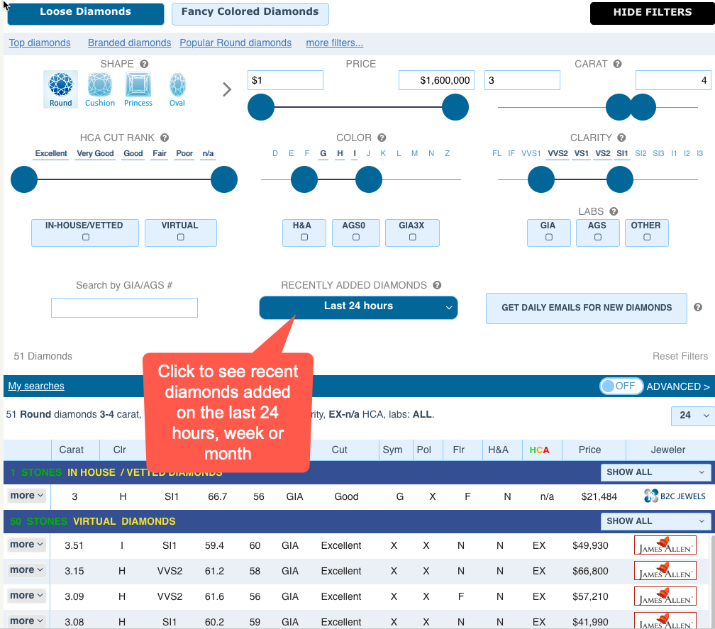 Diamond Search - "Recent Diamonds Added" button