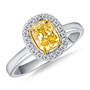 Fancy intense yellow cushion shaped diamond halo ring set in 14K two tone gold at B2C Jewels 