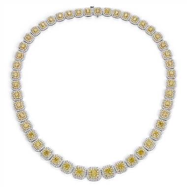 Fancy yellow diamond double halo eternity necklace set in 18K white and yellow gold at Blue Nile 