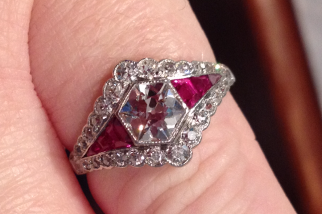 Freddy originally posted this incredible ruby and diamond art deco ring on the Show Me the Bling Forum at PriceScope. What a gorgeous piece, it's unique and eye catching. I love the pop of color and the shape lends itself to fantastic finger coverage!
