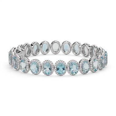 Aquamarine and diamond halo bracelet set in 18K white gold at Blue Nile 