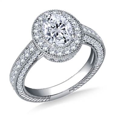 Oval halo vintage diamond engagement ring set in platinum at B2C Jewels 
