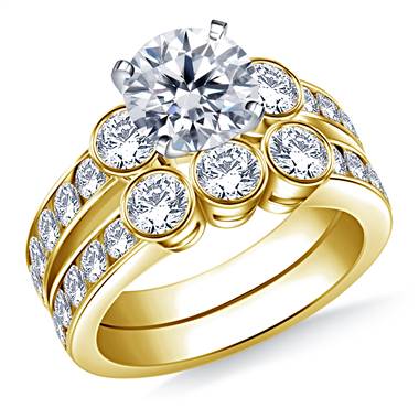 Bezel and channel set round diamond ring with matching band set in 14K yellow gold at B2C Jewels 