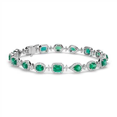 Emerald and diamond halo bracelet set in 18K white gold at Blue Nile 