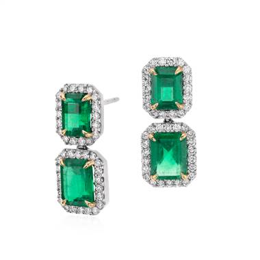Emerald-cut emerald diamond pave drop earrings set in 18K white gold at Blue Nile
