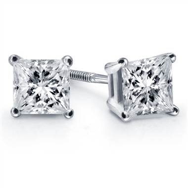 Prong set princess diamond stud earrings set in 18K white gold at B2C Jewels