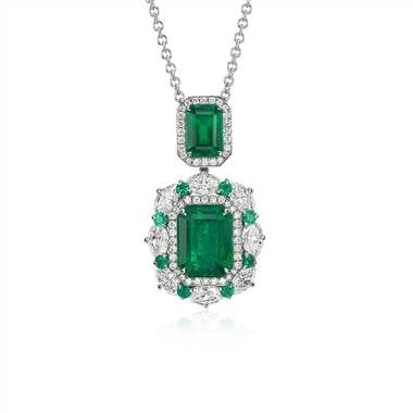 Emerald and diamond drop pendant set in 18K white gold at Blue Nile