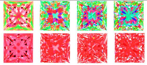 ASET and corresponding Ideal-Scope images for four princess cut diamonds