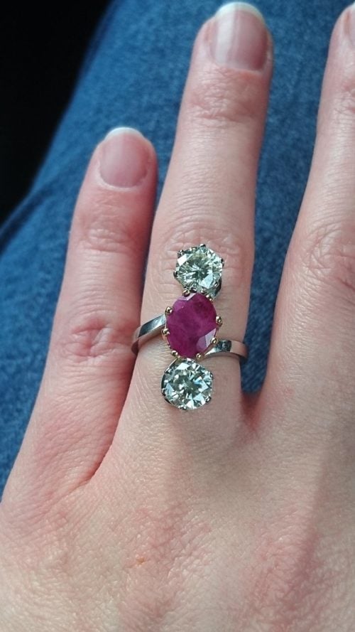 Weeivy originally posted this absolute beauty of a ruby and diamond ring on the Show Me the Bling forum at PriceScope. YES! I love a vertical 3 stone and you just don’t see very many of them, as such I am highly enamored with this ring and expect others will be too!