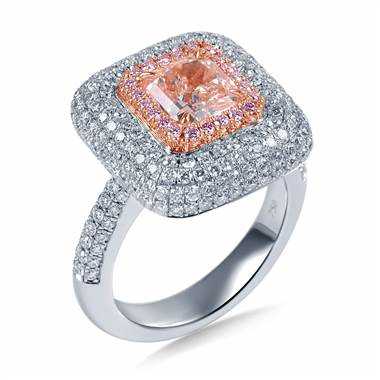 Fancy light pink diamond halo with micro pave set ring set in 18K two tone gold at B2C Jewels 
