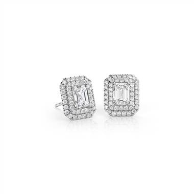 Emerald-cut diamond double halo earrings set in 18K white gold at Blue Nile 