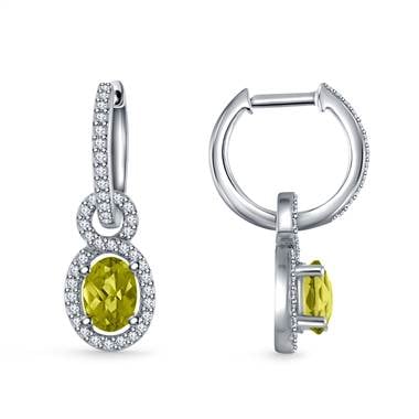 Diamond halo and peridot hoop earrings with drops set in 14K white gold at B2C Jewels