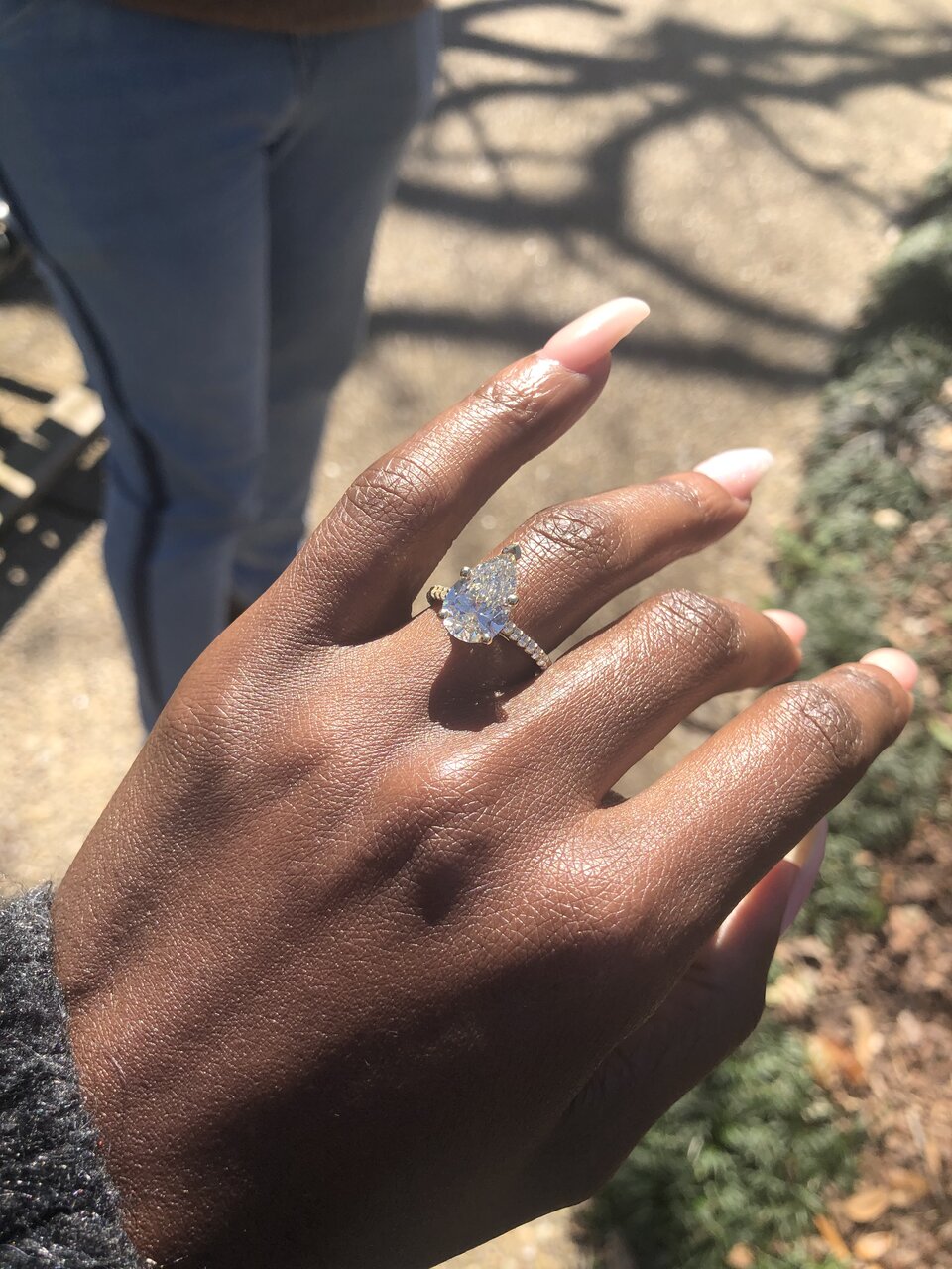 Beaute-brune posted pics of her incredible warm pear engagement ring on the Show Me the Bling forum at PriceScope! This warm and lovely pear is fabulous, now Beaute-brune wants your wedding band suggestions!