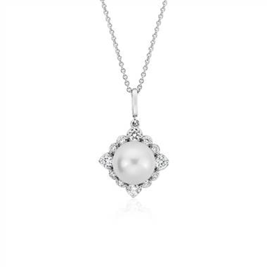 Vintage-Inspired Freshwater Cultured Pearl Diamond Halo Pendant in 14k White Gold