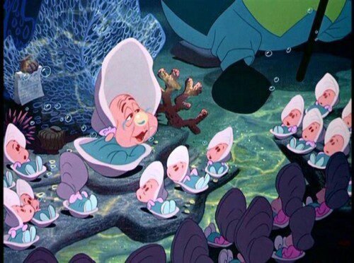 "Baby Oysters" small cartoon oysters look to their mother, who is a larger oyster witha pearl nose.