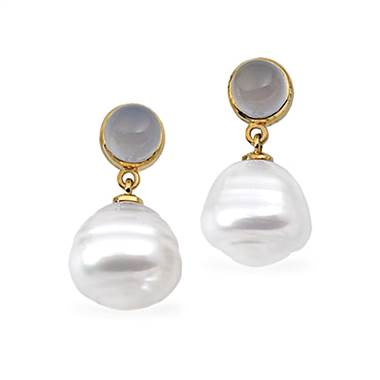 14K Yellow Gold South Sea Cultured Circle Pearl & Genuine Chalcedony Earrings