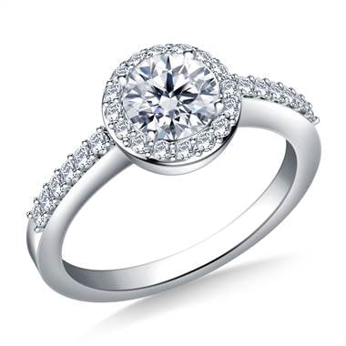 A halo prong set round diamond engagement ring set in 14K white gold at B2C Jewels.