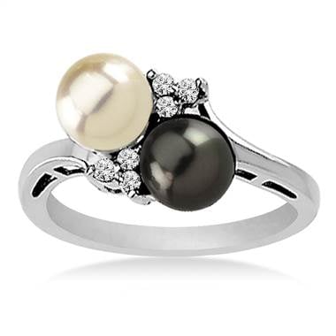 An akoya cultured pearl ring with diamonds set in 14K white gold at B2C Jewels.