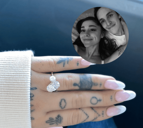 A close up image of Ariana Grande's Toi Et Moi engagement ring and a selfie of Ariana Grande and her now fiancé, Dalton Gomez in the top right corner.