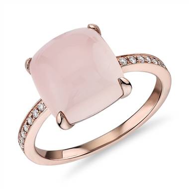A cushion cut pink agate cabochon ring with diamond sidestones set in 14K rose gold from Blue Nile.