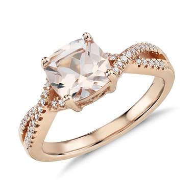 A cushion cut morganite and diamond infinity twist ring set in 14K rose gold from Blue Nile.
