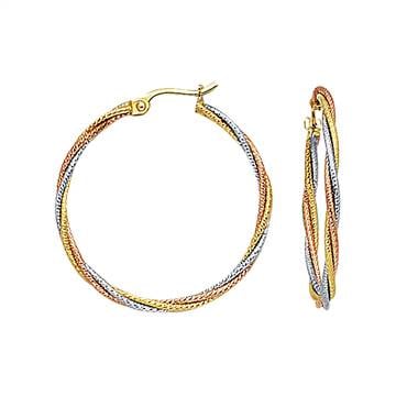 Three-tone gold rope hoop earrings in 14K yellow, white and rose gold at B2C Jewels.